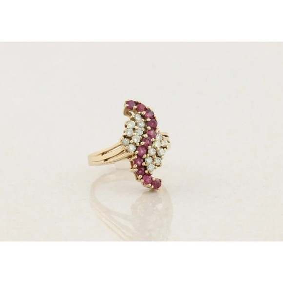 10k Yellow Gold Natural Ruby and Diamond Ring Size 6 3/4 Cluster Ring Waterfall - Picture 5 of 9
